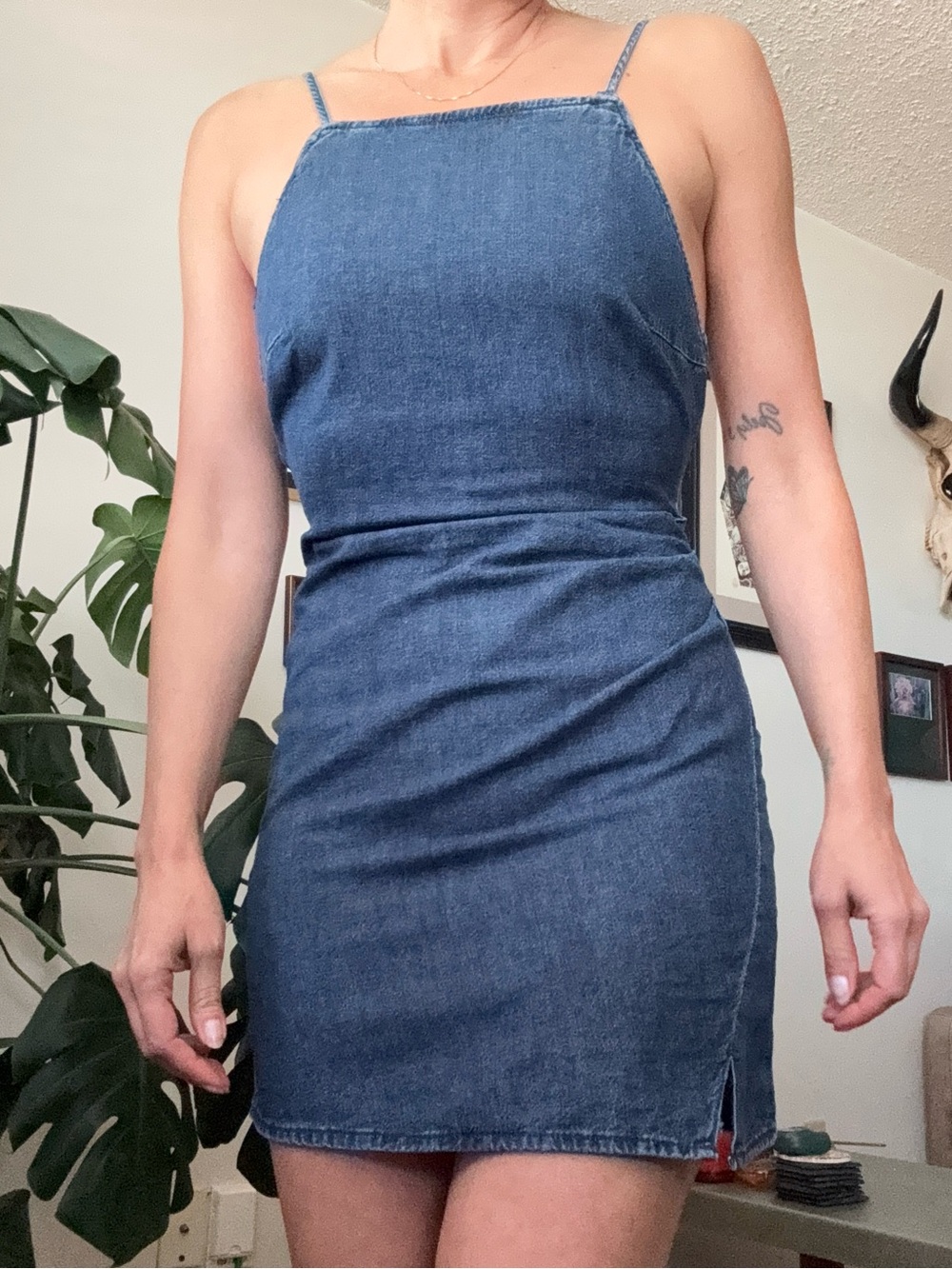 100% Cotton Denim Dress with Spaghetti Straps - Dark Blue - Picture 12 of 13